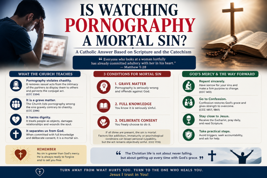 He is watching pornography, a mortal sin, a Catholic answer based on scripture and the catechism.
